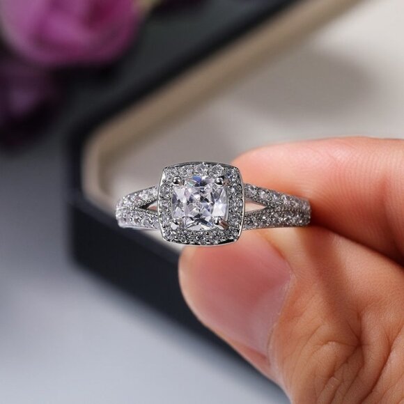 ▶NEW LUXURY 14K WHITE GOLD SQUARE GEM DIAMOND ENGAGEMENT RING FOR WOMEN, K774 main image 2